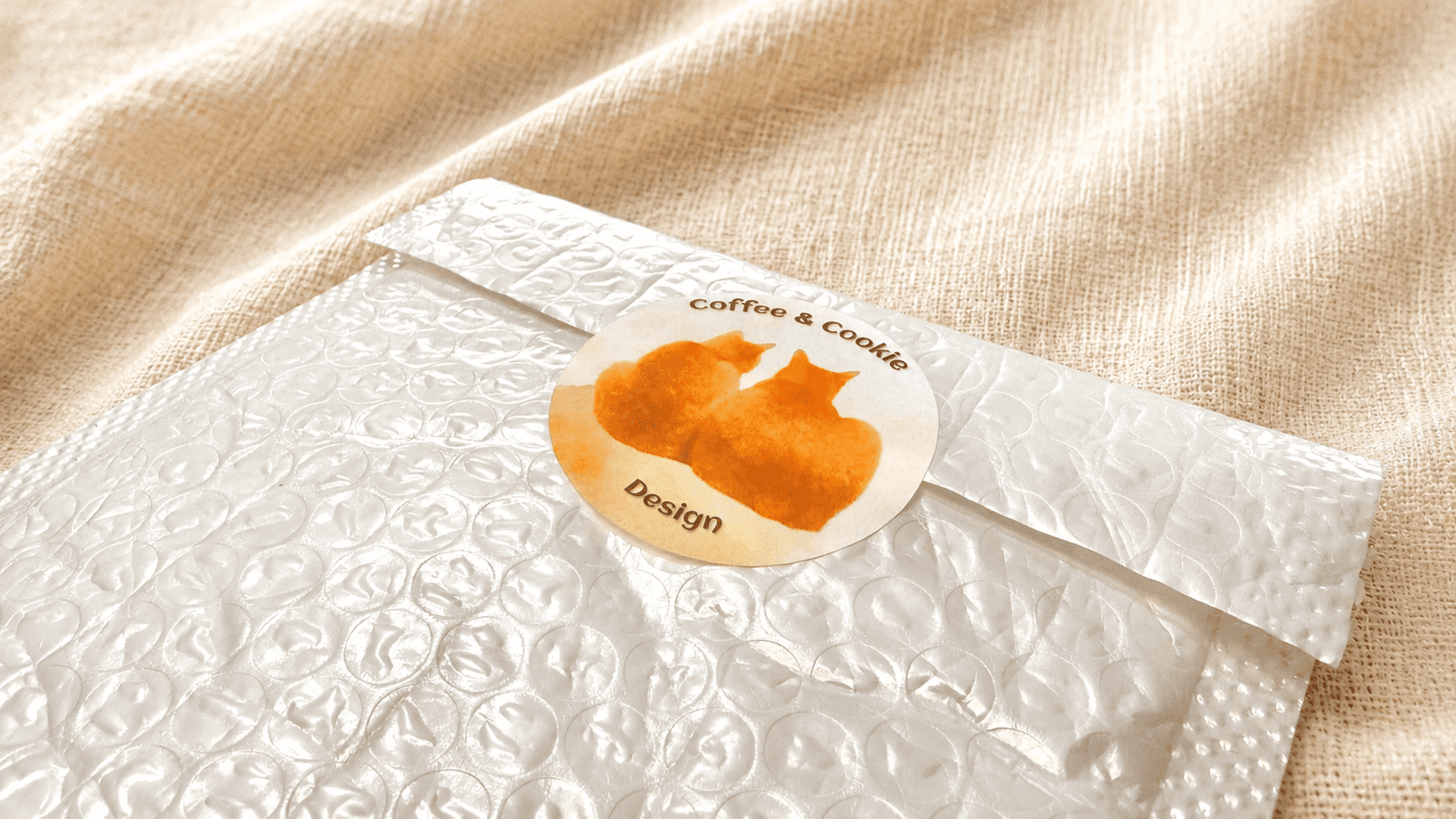 Sealed bubble mailer package with a Coffee & Cookie Design sticker placed on soft fabric.