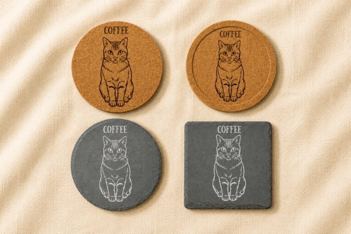 Flat lay comparison image showing four personalized pet coaster options in different materials and shapes, including round cork, recessed-edge cork, round slate, and square slate designs engraved with a cat portrait and the name Coffee.