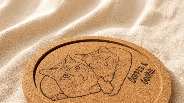 Close-up angled product photo of a personalized cork coaster engraved with two orange tabby cats cuddling together and the text “Coffee & Cookie,” displayed on soft cream linen fabric under warm natural lighting.