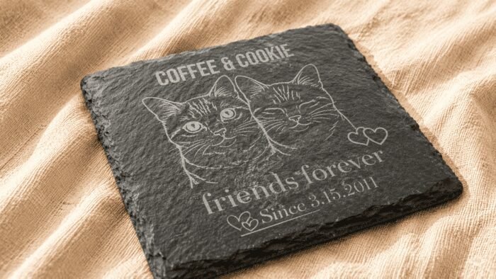 Close-up angled view of a personalized engraved square slate pet memorial coaster featuring custom cat portrait artwork and family name engraving on soft cream linen fabric.