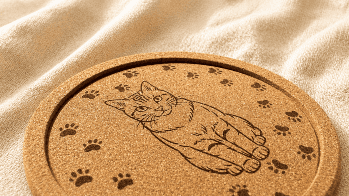 Close-up angled view of a personalized engraved cork pet coaster featuring a custom cat portrait surrounded by paw print details.