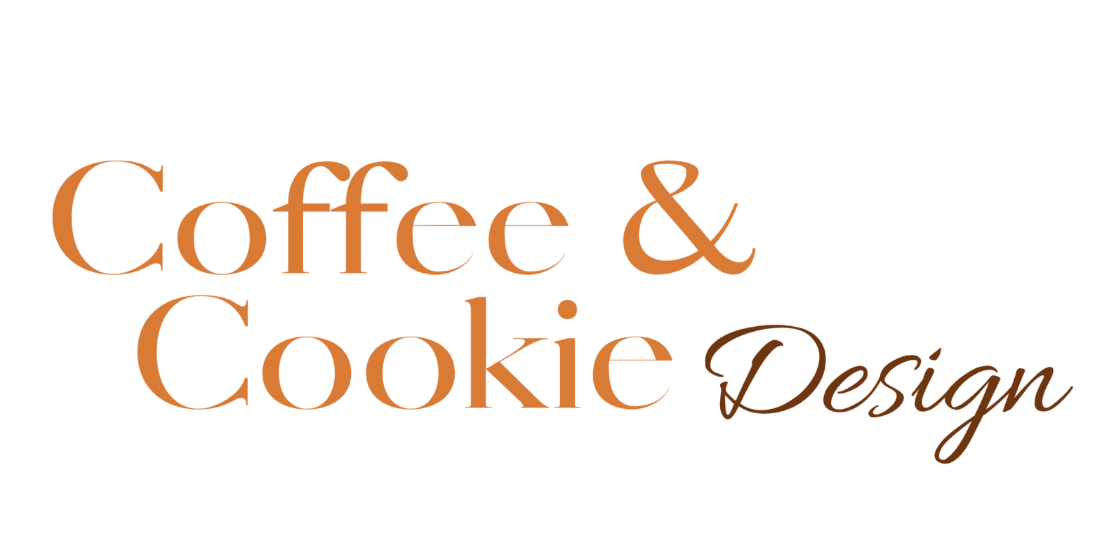 Coffee & Cookie Design wordmark logo featuring elegant serif typography paired with a handwritten script accent in warm copper-orange tones on a black background.