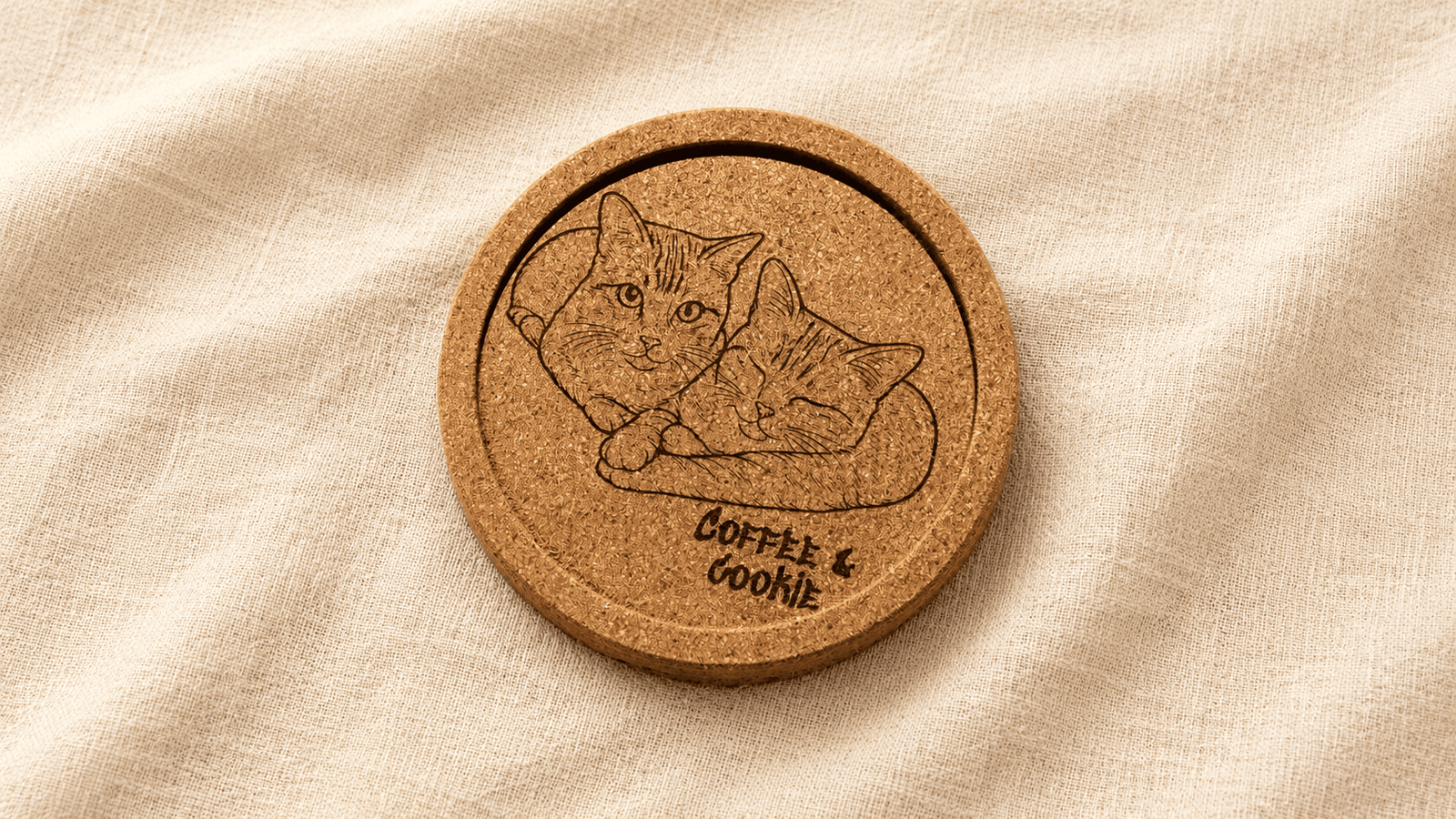 Round engraved cork coaster featuring detailed line art of Coffee and Cookie cuddling together, displayed on soft cream linen fabric in warm natural light.