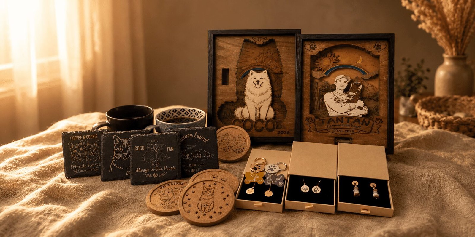 Warm lifestyle product collection photo featuring personalized pet memorial gifts including engraved shadow boxes, slate coasters, cork coasters, pet tags, earrings, and keepsakes displayed on soft linen fabric in golden evening light.
