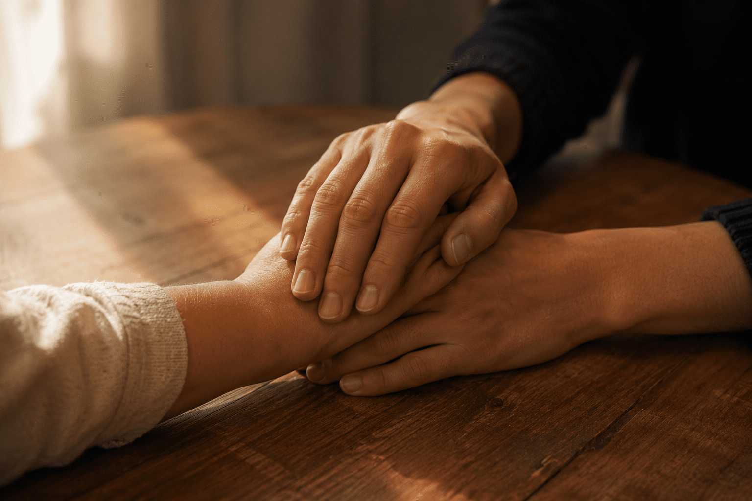 Close-up of two people gently holding hands across a wooden table in warm natural light, conveying comfort, empathy, support, and emotional connection.