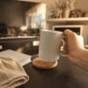 Warm lifestyle photograph of a hand holding a white mug above a personalized engraved cork coaster featuring two cuddling orange tabby cats in a cozy living room setting with soft golden sunlight.