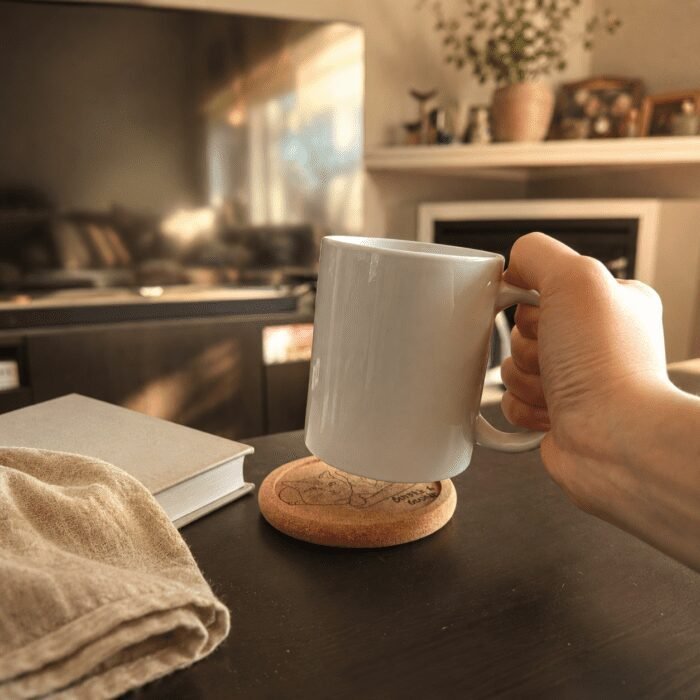 Warm lifestyle photograph of a hand holding a white mug above a personalized engraved cork coaster featuring two cuddling orange tabby cats in a cozy living room setting with soft golden sunlight.
