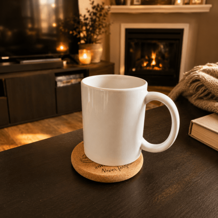 Warm lifestyle photograph of a white ceramic mug resting on a personalized cork pet memorial coaster on a dark wood coffee table beside a cozy fireplace and candlelit living room background.