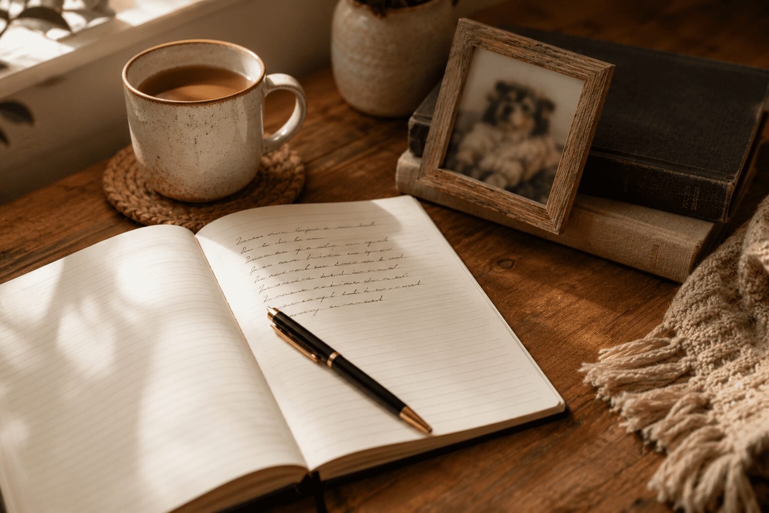 Warm cozy writing desk scene with an open journal, black and gold pen, ceramic coffee mug, stacked books, and a framed blurred pet photo beside a window in soft golden light.
