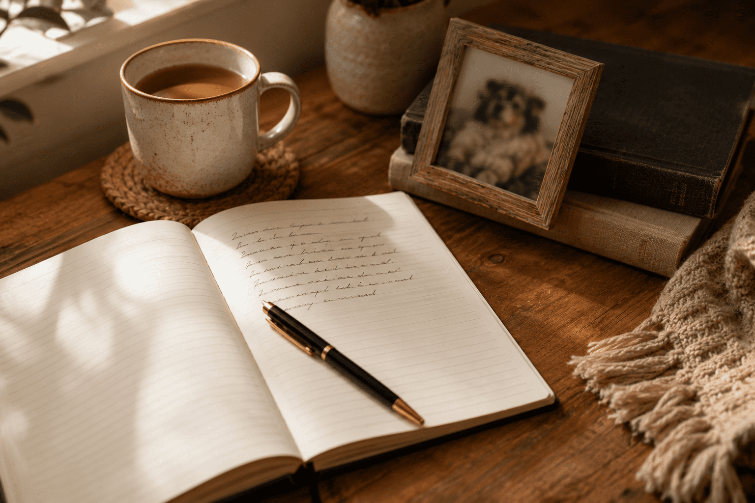 Warm cozy writing desk scene with an open journal, black and gold pen, ceramic coffee mug, stacked books, and a framed blurred pet photo beside a window in soft golden light.