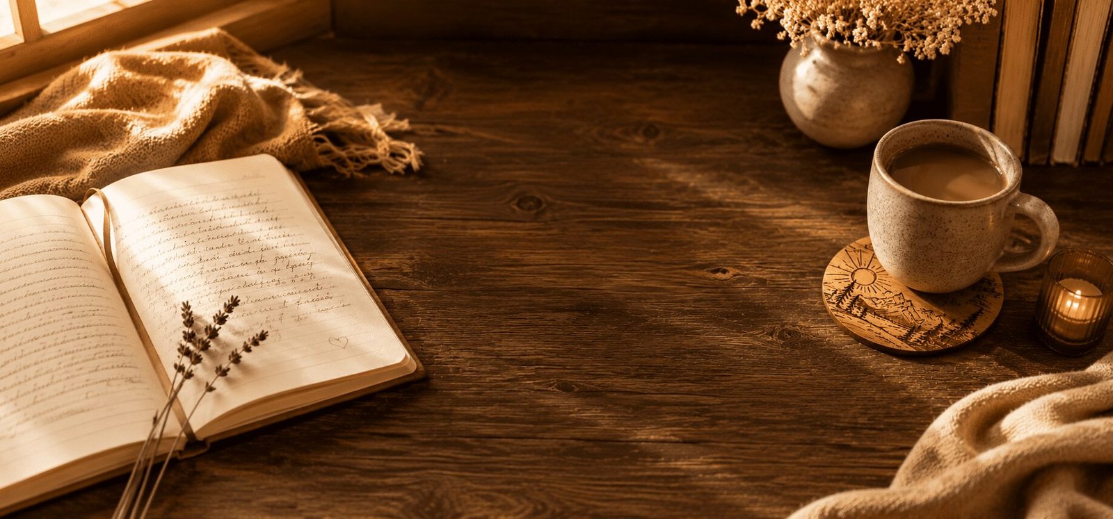 Cozy warm-toned lifestyle desk scene with an open journal, lavender stems, candlelight, coffee mug on an engraved wooden coaster, and soft linen fabric on a rustic wooden table.