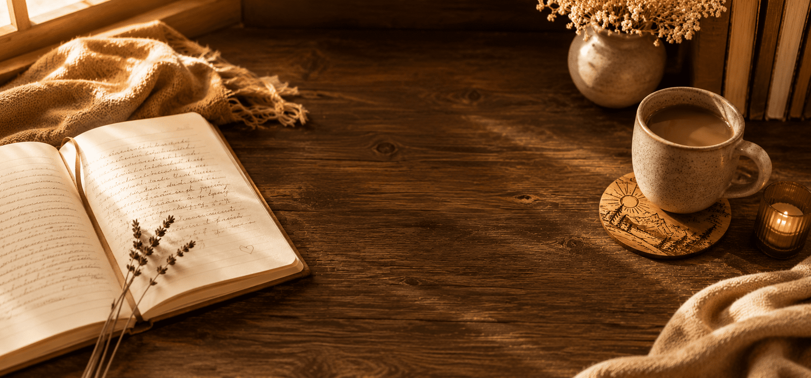 Cozy warm-toned lifestyle desk scene with an open journal, lavender stems, candlelight, coffee mug on an engraved wooden coaster, and soft linen fabric on a rustic wooden table.