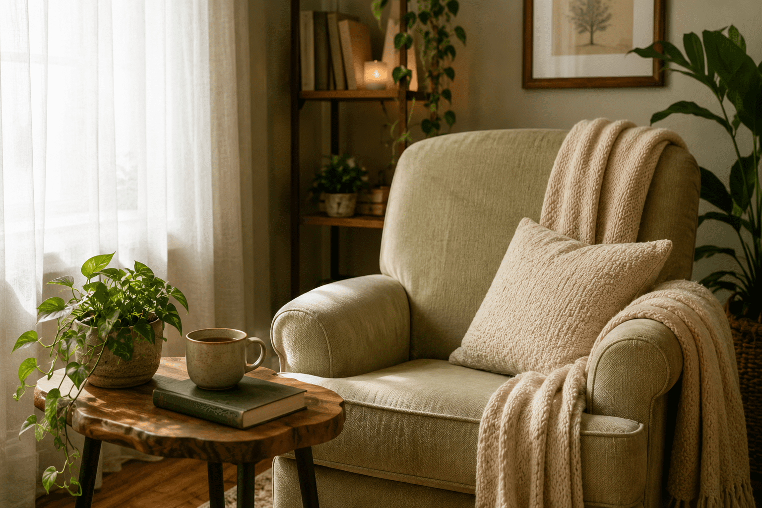 Cozy neutral reading corner with a soft armchair, knitted blanket, warm coffee mug, wooden side table, and indoor plants beside sheer curtains in natural light.