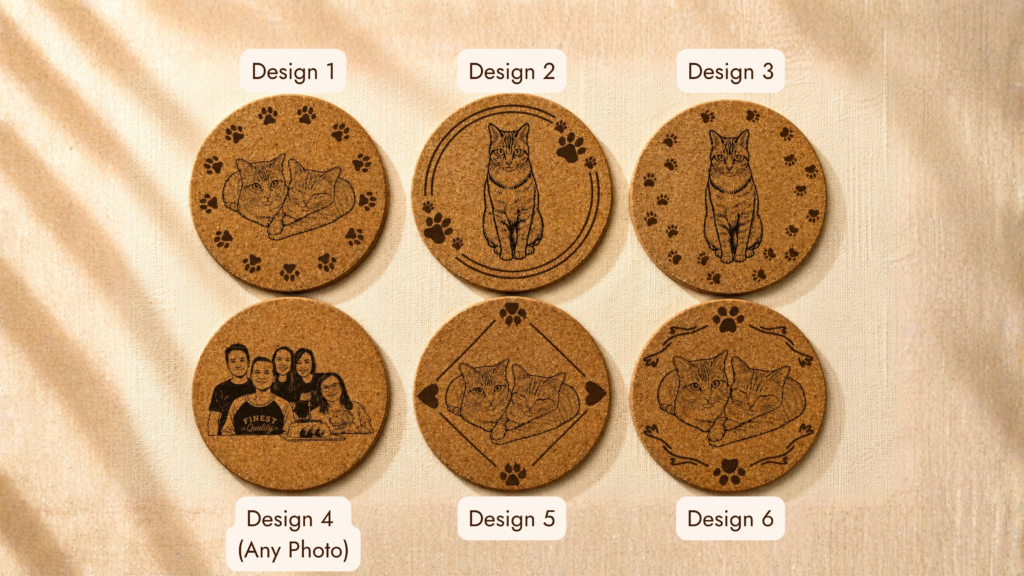 Collection of customizable engraved cork coaster front design options featuring cat illustrations, paw print borders, and personalized photo engraving layouts.
