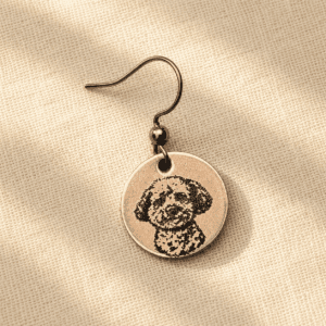 Personalized rose gold pet portrait earring featuring a custom engraved dog illustration on a round charm, displayed on soft beige linen fabric with warm natural lighting.