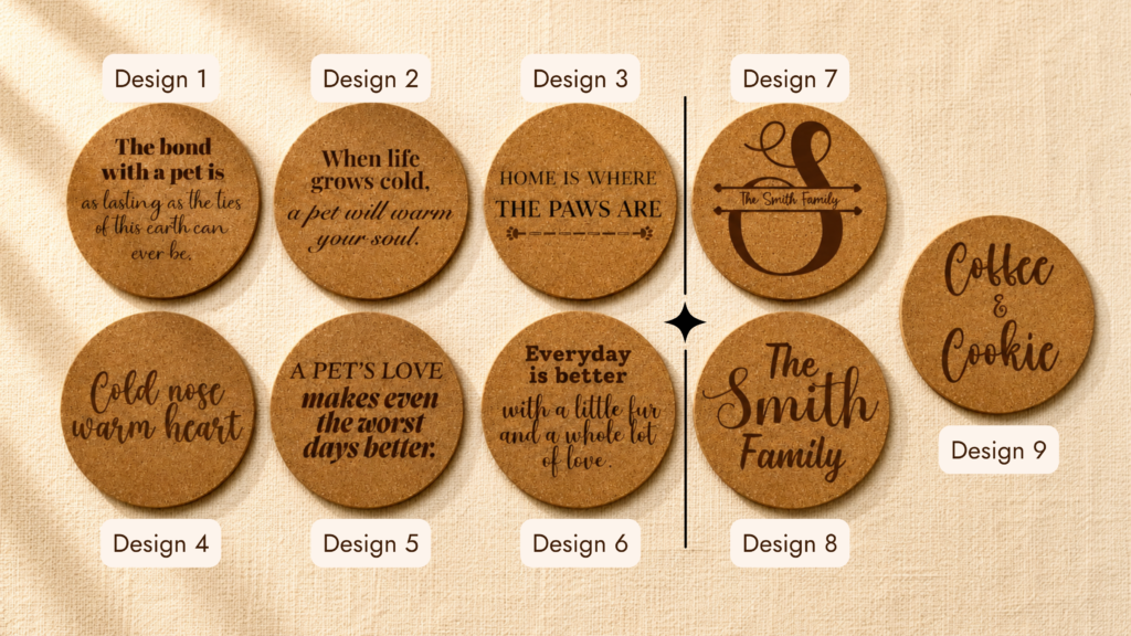 Collection of engraved cork coaster back design options featuring pet quotes, family names, monograms, and customizable typography layouts.