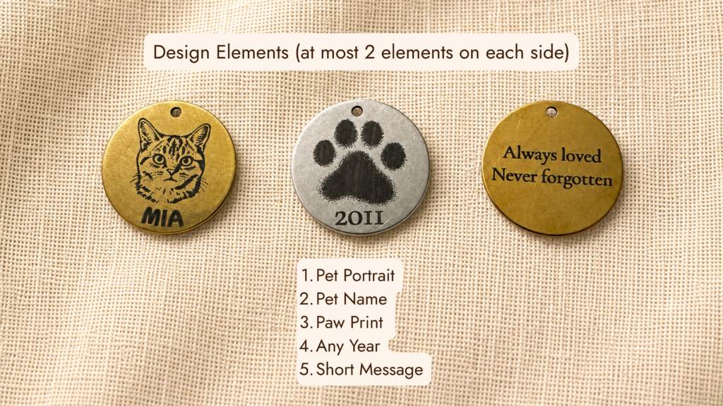 Three customizable engraved pet memorial tag design examples displayed on cream linen fabric, showing pet portrait, paw print with year, and memorial message engraving options.