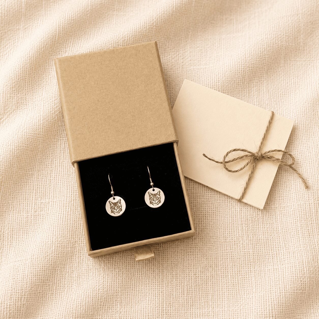 Personalized engraved cat portrait earrings presented in a premium kraft gift box with black velvet insert beside a tied thank-you card on cream linen fabric.