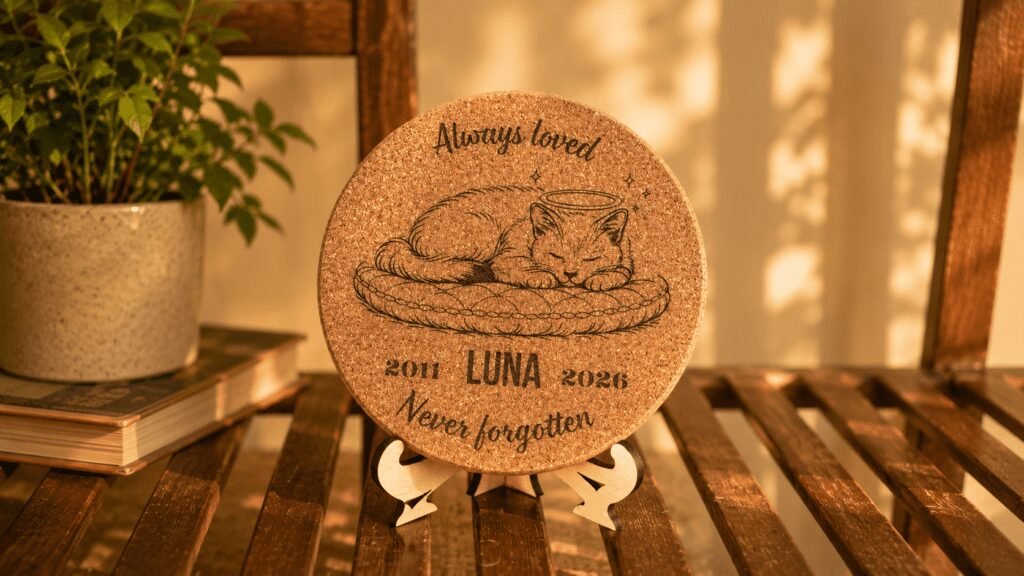Personalized round cork pet memorial coaster displayed on a small wooden easel beside a potted plant in warm golden light.