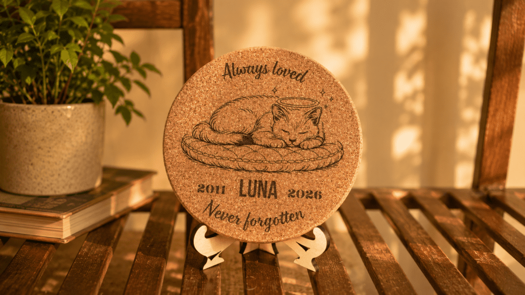 Personalized round cork pet memorial coaster displayed on a small wooden easel beside a potted plant in warm golden light.