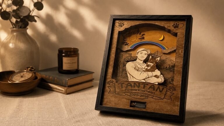 Warm editorial-style photo of a personalized wooden pet memorial shadow box displayed on a linen-covered table beside vintage books, a candle, and soft home décor in golden ambient lighting.