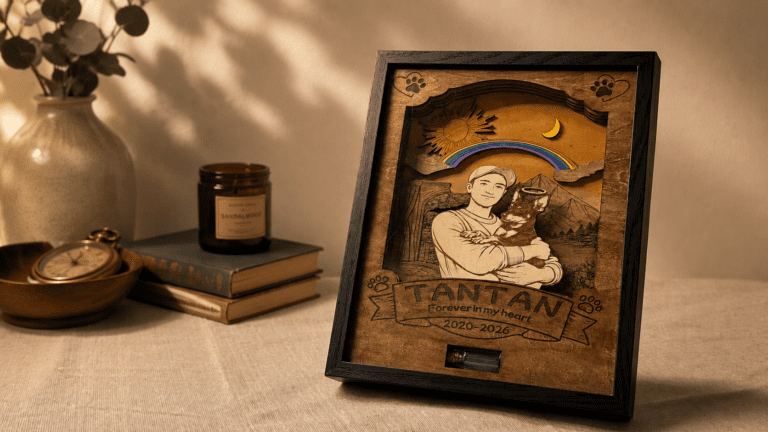 Warm editorial-style photo of a personalized wooden pet memorial shadow box displayed on a linen-covered table beside vintage books, a candle, and soft home décor in golden ambient lighting.