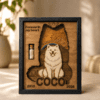 Personalized wooden pet memorial shadow box featuring a white dog portrait, rainbow bridge scene, fur keepsake vial, and engraved memorial details in a black frame.