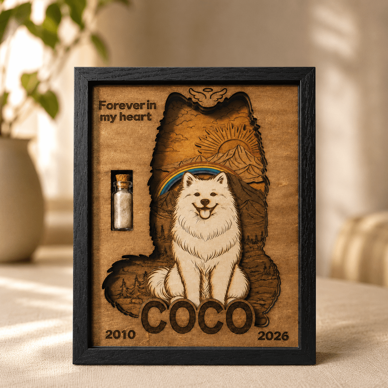 Personalized wooden pet memorial shadow box featuring a white dog portrait, rainbow bridge scene, fur keepsake vial, and engraved memorial details in a black frame.