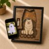 Before-and-after comparison showing a customer’s dog photo beside a personalized wooden pet memorial shadow box created from the uploaded image.