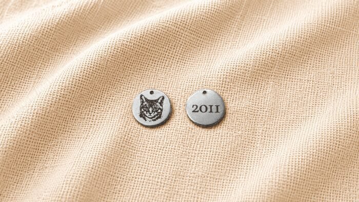 Custom Pet Portrait Charm – Front & Back Engraving Front and back view of a personalized engraved pet charm on beige linen fabric, featuring a custom cat portrait on one side and the year “2011” engraved on the reverse side.