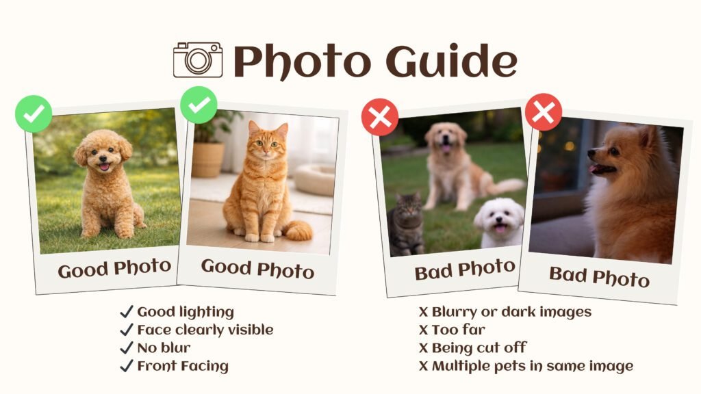 Pet photo submission guide showing examples of good and bad pet photos for custom portrait orders, with clear lighting and front-facing examples compared against blurry or distant photos.