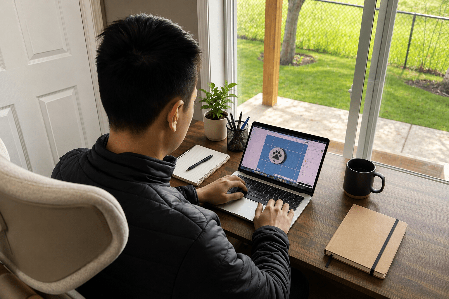 Evan working on a laptop at a wooden desk designing a custom pet paw product beside a large window.