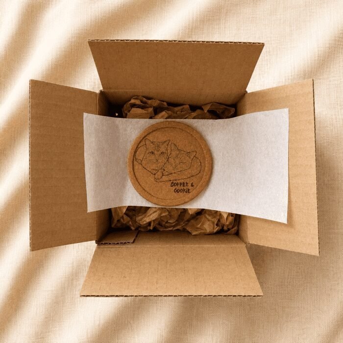 Top-down view of a handcrafted cork coaster packaged inside a kraft shipping box with tissue paper and eco-friendly wrapping materials.
