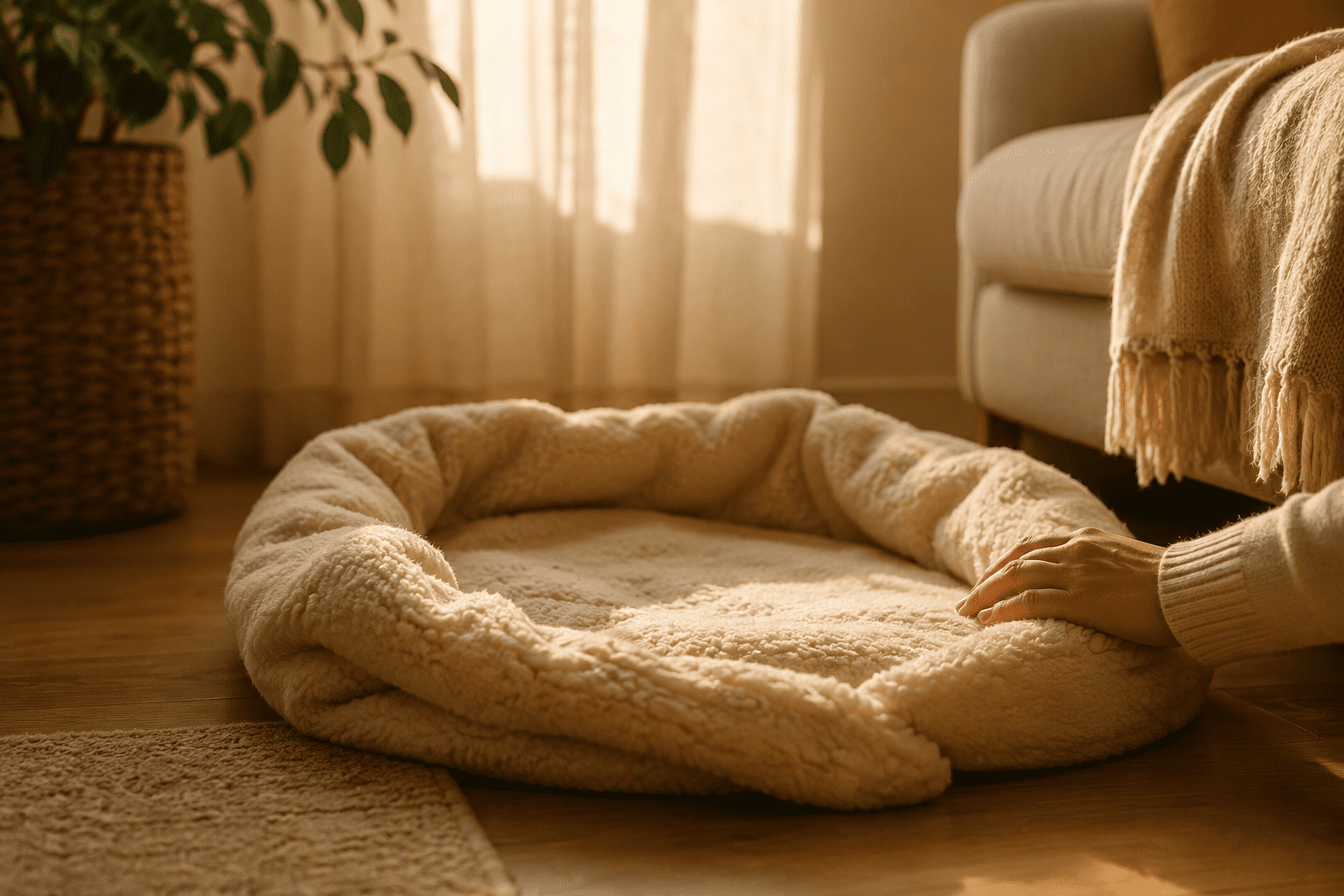 Warm, softly lit living room scene with an empty cream-colored pet bed on a wooden floor beside a sofa, while a person’s hand gently rests on the edge of the bed.