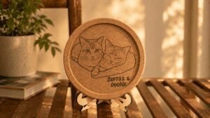 Round engraved cork coaster featuring Coffee & Cookie cat illustration displayed on a wooden stand in warm golden sunlight beside a plant and book.