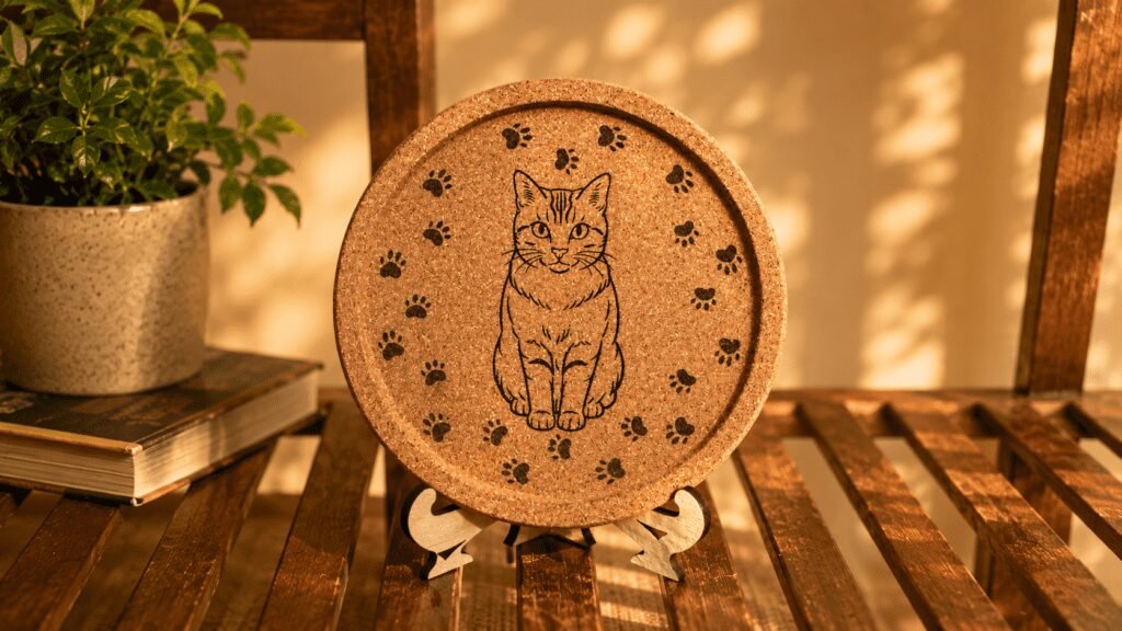 Personalized cork cat coaster displayed on a wooden easel stand in a warm cozy home setting with engraved cat illustration and paw print design.