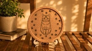 Personalized cork cat coaster displayed on a wooden easel stand in a warm cozy home setting with engraved cat illustration and paw print design.