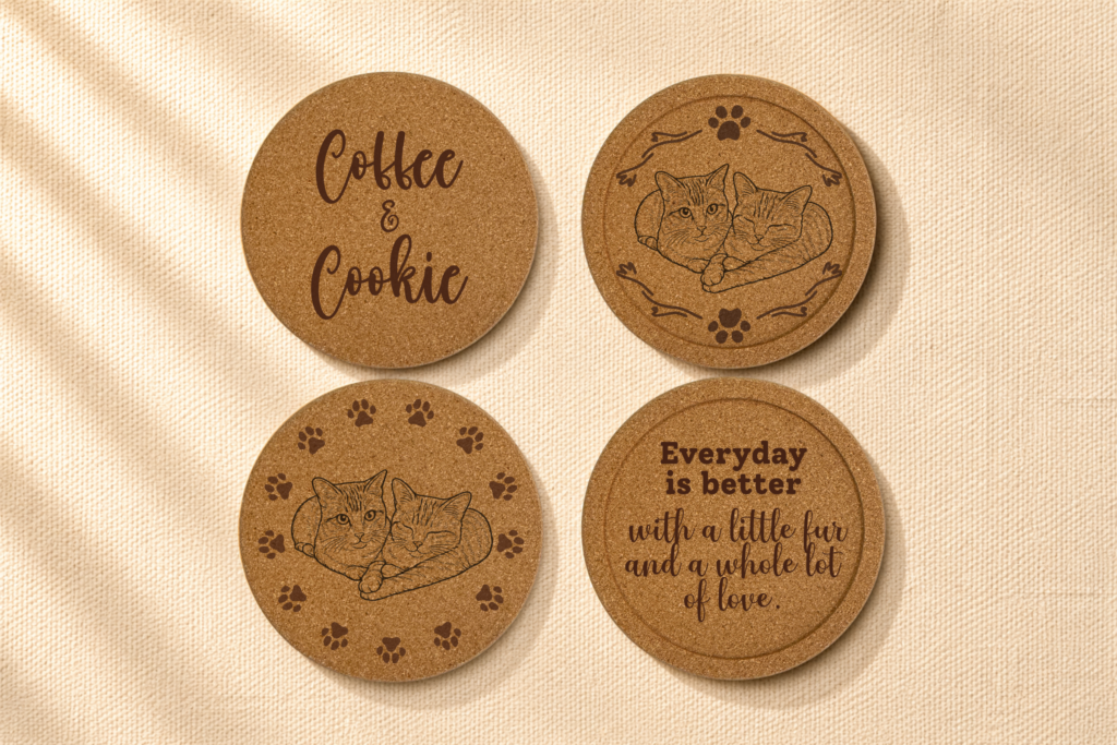 Set of four engraved cork cat coasters featuring custom pet illustrations, paw print designs, and pet lover quotes displayed on soft linen fabric background.