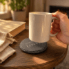 Hand holding a white ceramic mug above a round black slate memorial coaster engraved with “Forever Loved,” placed on a rustic wooden table in a warm cozy home setting.