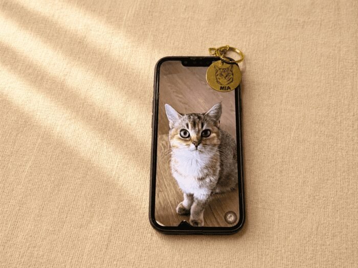 Personalized engraved pet portrait keychain attached to a smartphone displaying the matching cat photo, placed on warm cream linen fabric.