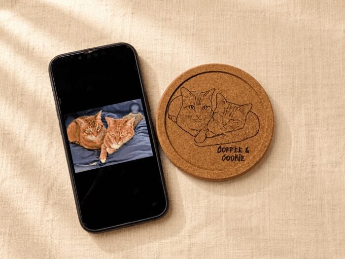 Comparison image showing a phone displaying the original cat photo beside a custom engraved cork coaster recreated from the same pet portrait.