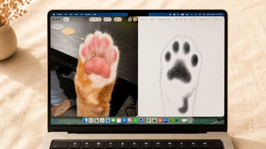 Laptop screen displaying a real cat paw photo beside a converted stippled paw print design, demonstrating the transformation process for custom pet memorial jewelry and engraved keepsakes.