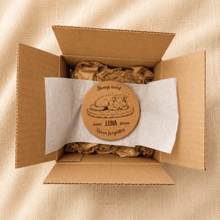 Personalized cork pet memorial coaster packaged inside a kraft shipping box with tissue paper and protective wrapping.