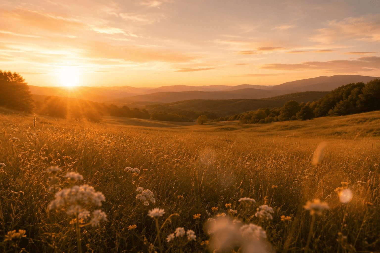 Golden sunset over a peaceful wildflower meadow with rolling hills and distant mountains glowing in warm evening light.
