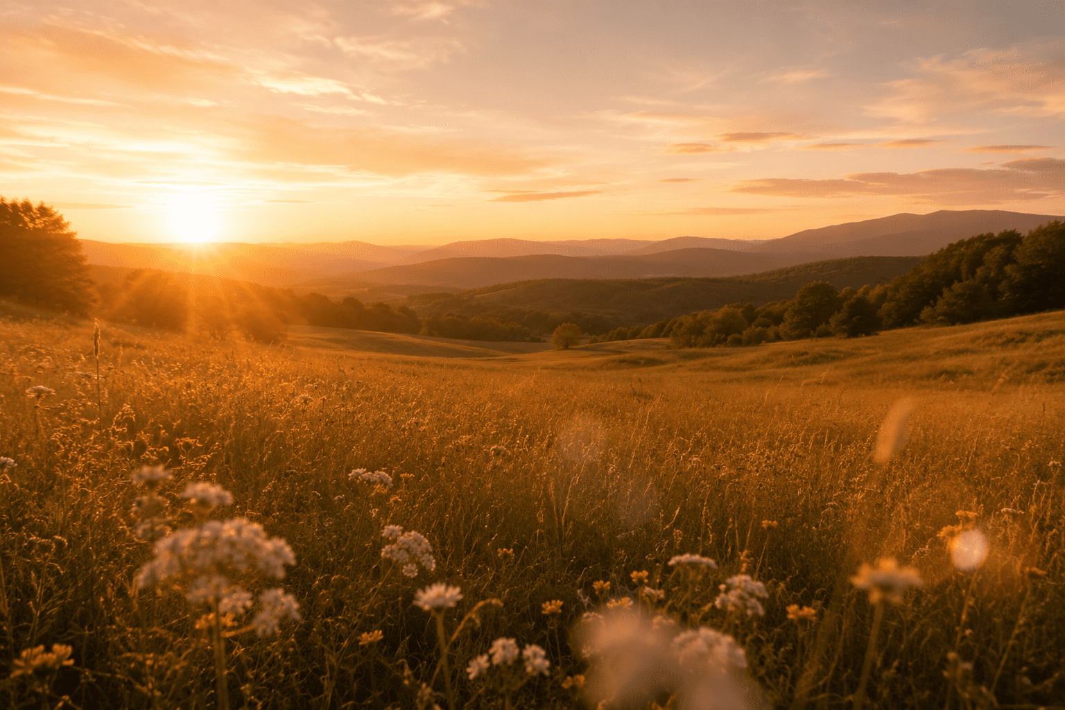 Golden sunset over a peaceful wildflower meadow with rolling hills and distant mountains glowing in warm evening light.
