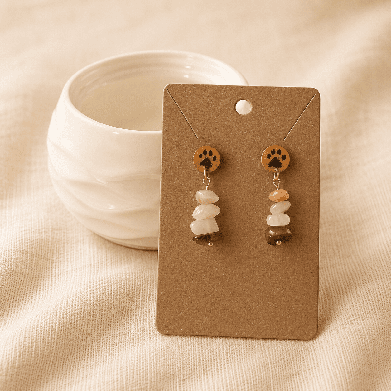Handmade paw print gemstone earrings displayed on a kraft jewelry card beside a ceramic cup on soft beige linen fabric.