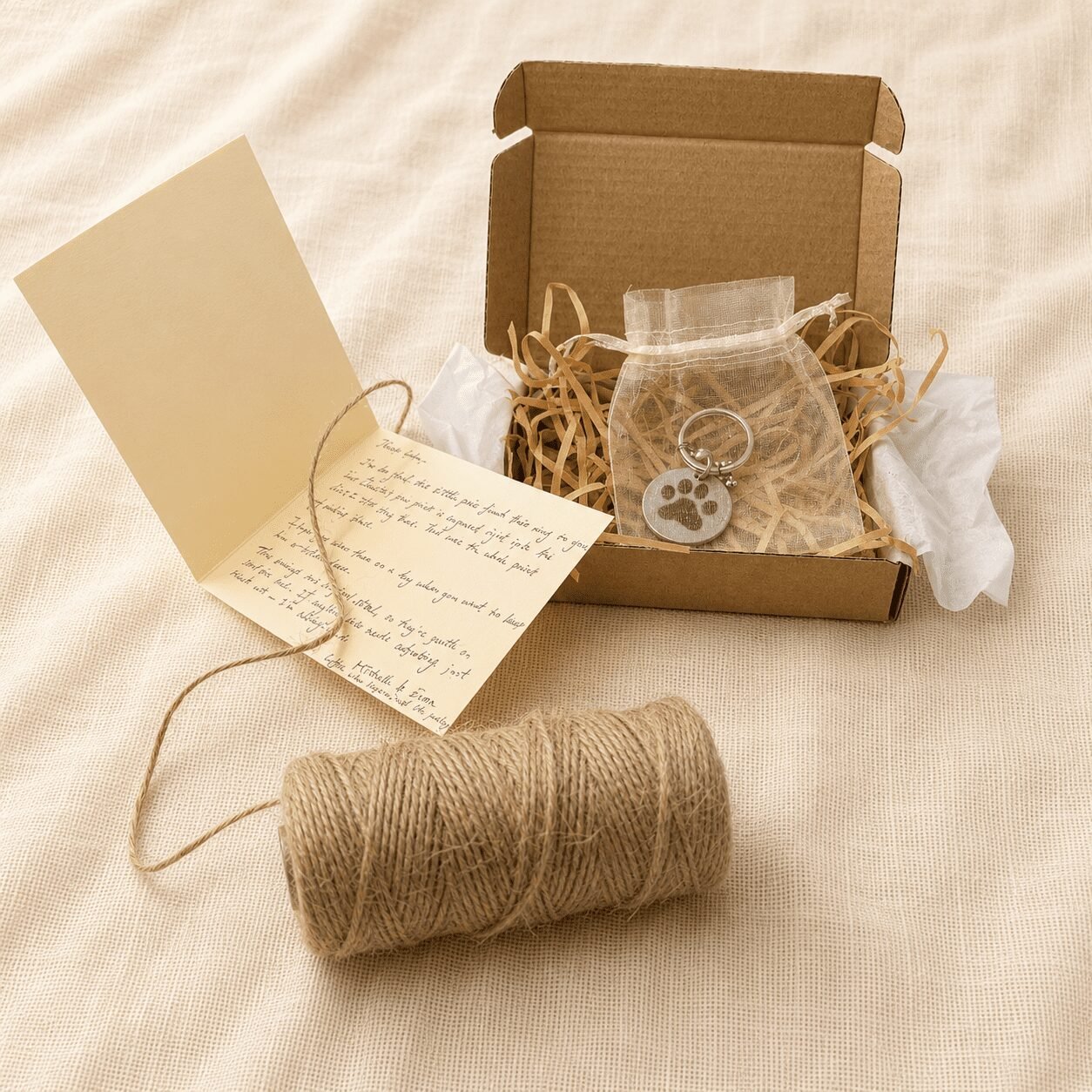 Gift-ready pet memorial keychain packaging with handwritten note card, kraft gift box, tissue paper, shredded filler, organza pouch, and engraved paw print charm on cream linen fabric.