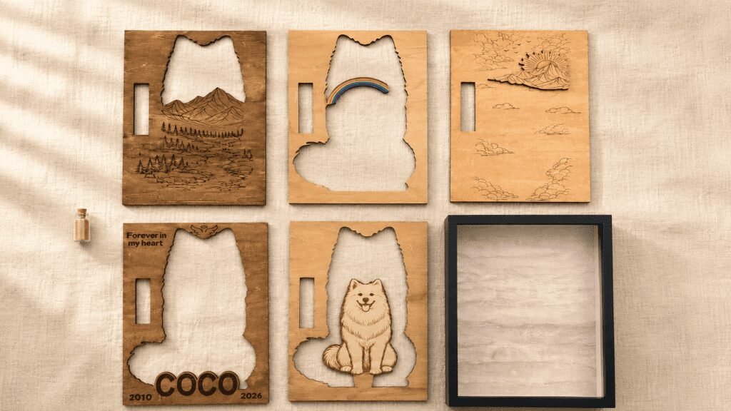 Exploded-view layout of a layered wooden pet memorial shadow box showing individual laser-cut wood components, engraved scenery layers, pet portrait layer, and empty display frame.