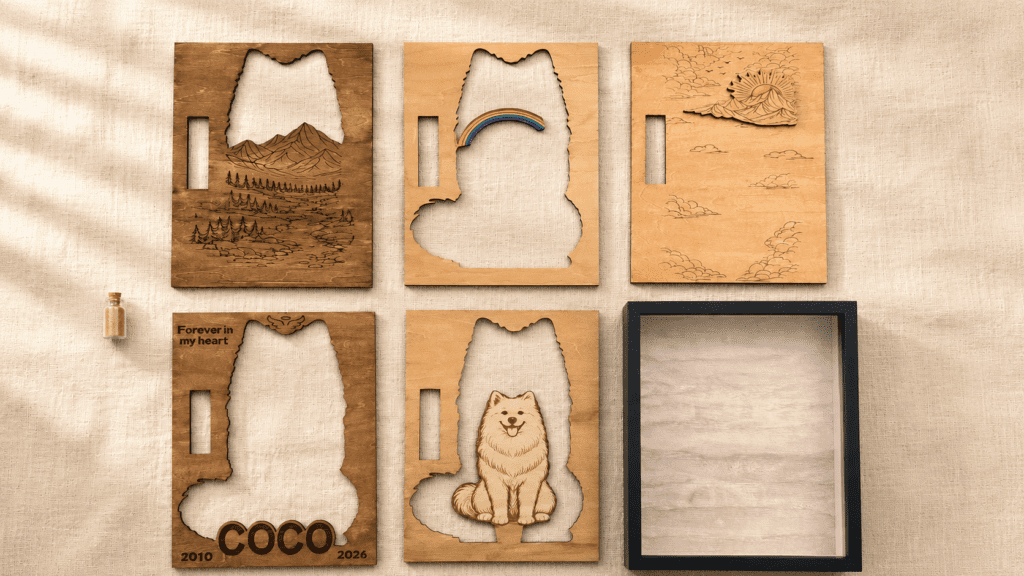 Exploded-view layout of a layered wooden pet memorial shadow box showing individual laser-cut wood components, engraved scenery layers, pet portrait layer, and empty display frame.