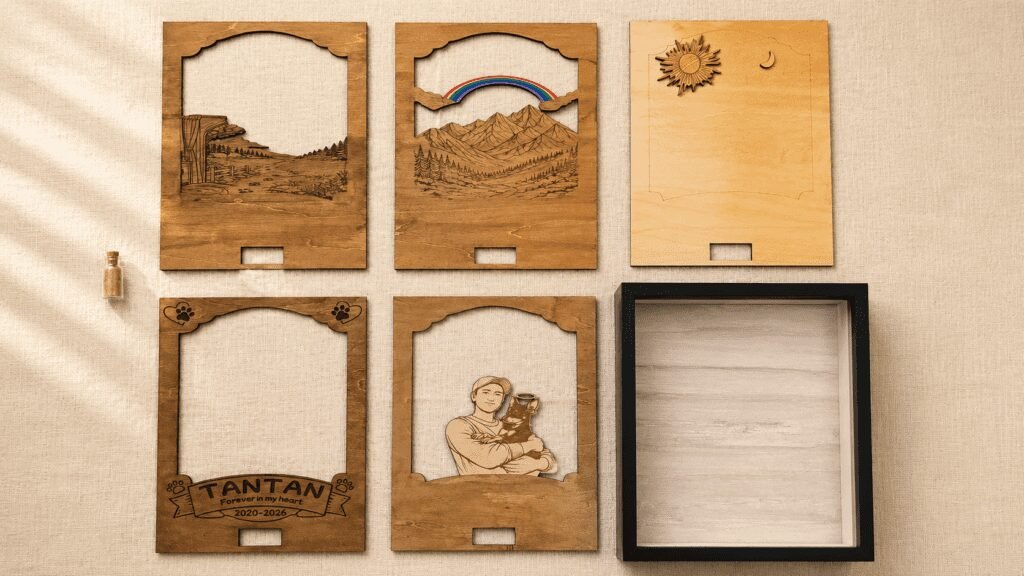 Exploded view of a personalized layered wooden pet memorial shadow box showing individual laser cut components, engraved layers, frame, and keepsake vial.